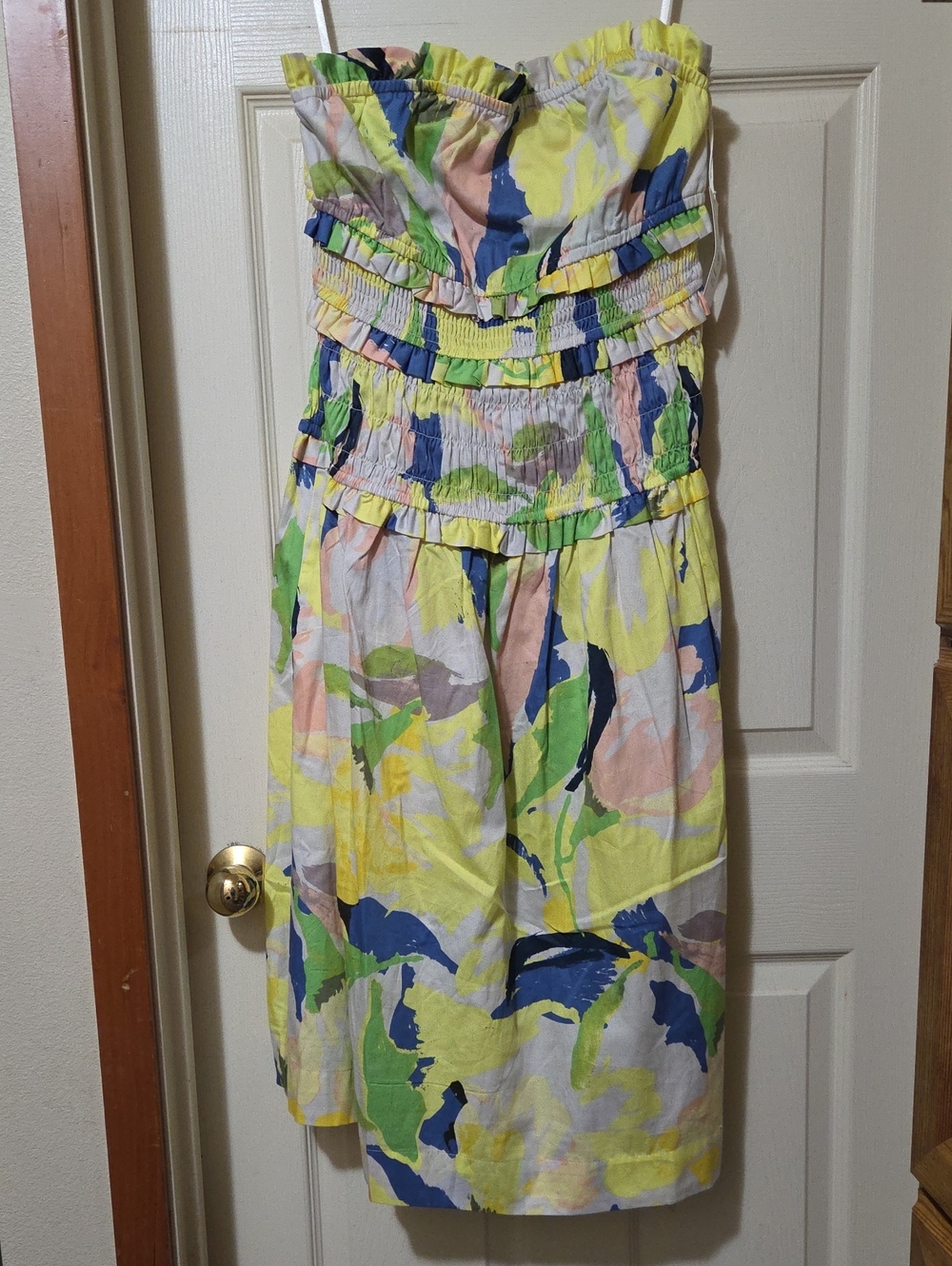 Strapless Floral Tube Dress in Yellow, Blue & Green With Pockets